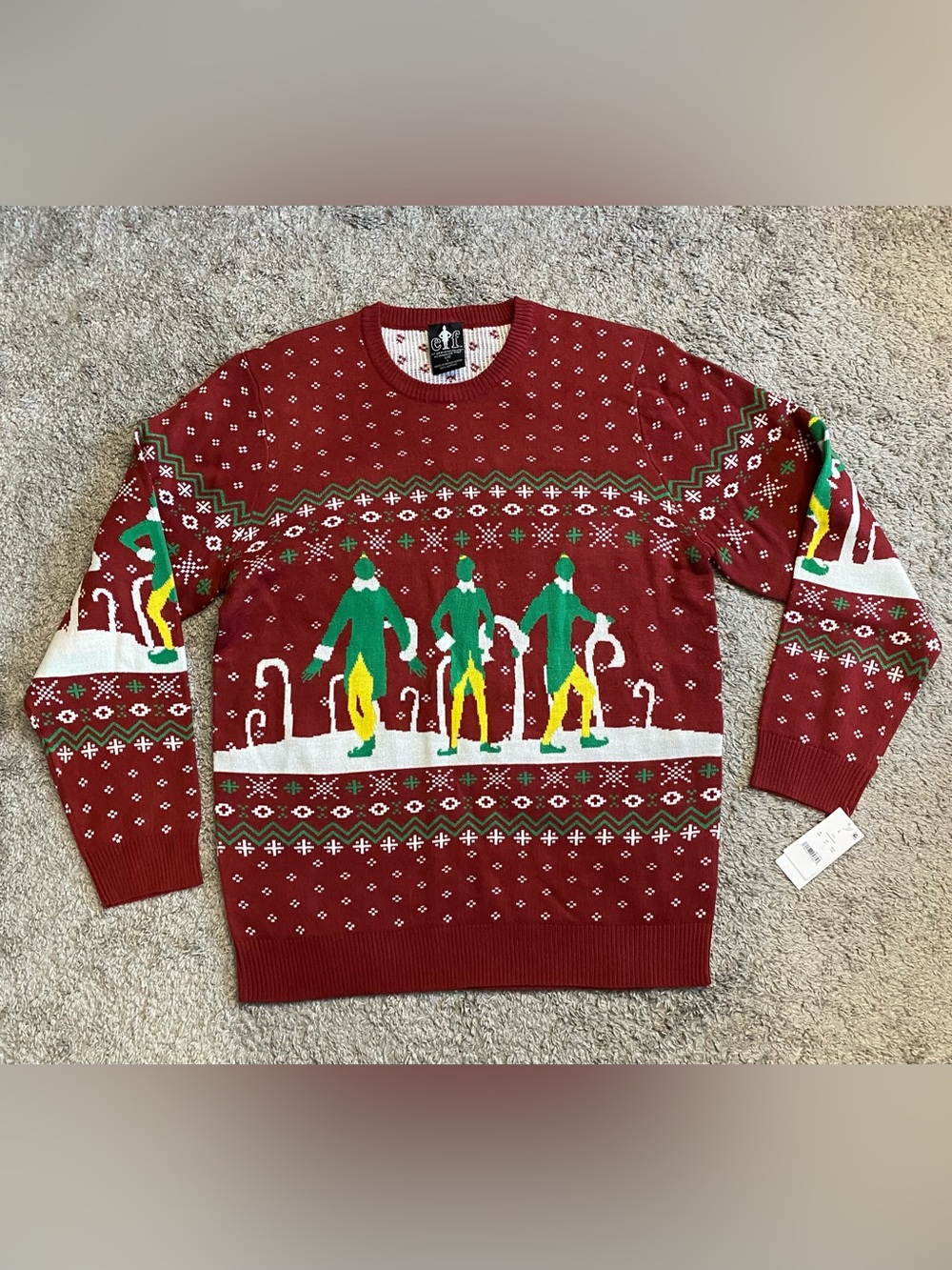 ELF Men’s Red Crewneck Sweater with Green & Yellow Elf Motif